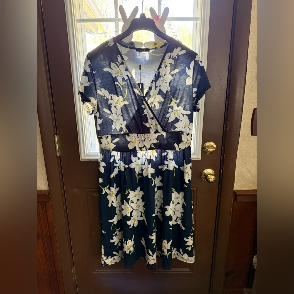 New Ouges Faux Wrap Floral Blue Casual V-neck Mid… - image 1